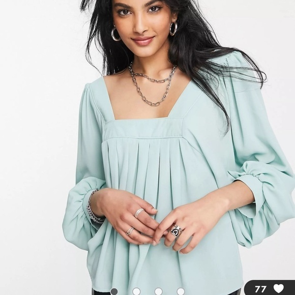 ASOS DESIGN Square Neck Top With Blouson Sleeve in Sage - Picture 1 of 8